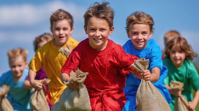 Children in colorful shirts enjoy a sack race outdoors on a sunny day.