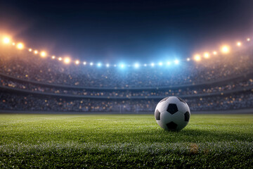 Fototapeta premium Football match in progress under artificial lights, spectators in the stands, soccer ball on the pitch, dynamic shadows - AI-Generated