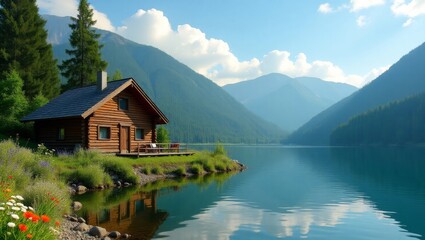 Fototapeta premium Serene Lakeside Cabin Surrounded by Mountains, Capturing the Beauty of Nature on a Sunny Day With Clear Skies and Calm Waters