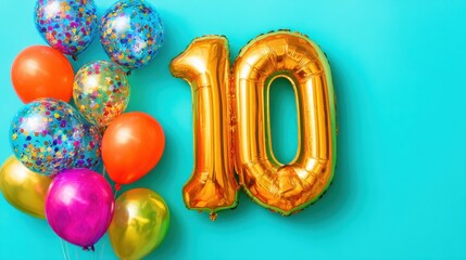 Colorful 10th Birthday Celebration with Bright Balloons and Shiny Golden Number Balloons on a Turquoise Background