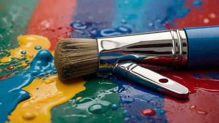 Obraz premium Colorful Paint Splashes With a Brush Resting on Vibrant Surface Showcasing an Artistic Creation During a Creative Workshop