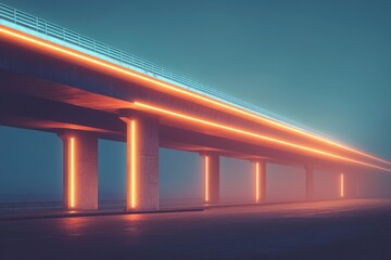 A minimalist concrete bridge with vibrant orange neon lights illuminating a foggy, futuristic urban landscape in a serene and surreal scene.