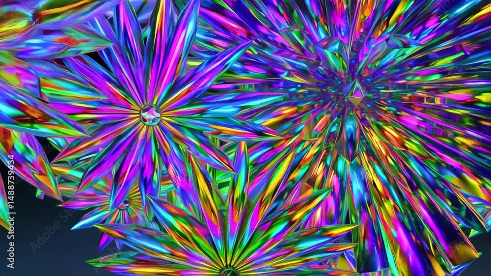 Poster iridescent crystals cluster against a dark background, displaying a vibrant spectrum of color with s