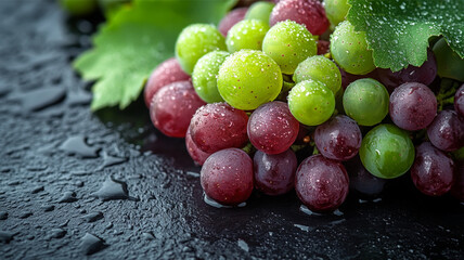 Fresh Red and Green Grapes with Water Droplets on Black Stone Background Juicy Fruit Close Up