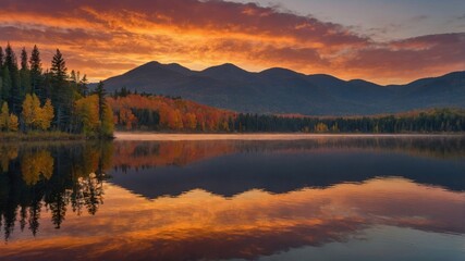 Fototapeta premium Breathtaking Sunset Over Calm Lake With Vibrant Autumn Foliage and Majestic Mountains in the Background at Dawn