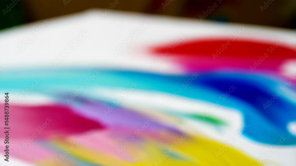 Poster Bright multicolored paint smears on a surface with a visible brush adding dynamic texture and artistic expression to the scene.