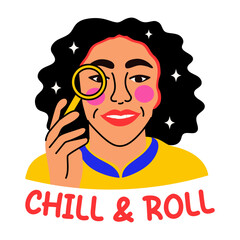 A flat style sticker of a girl using skin roller