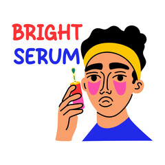 A flat style sticker of a character using face serum 