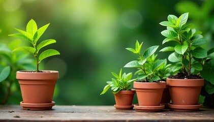 Fototapeta premium Lush greenery thrives in charming terracotta pots , botanical, nature