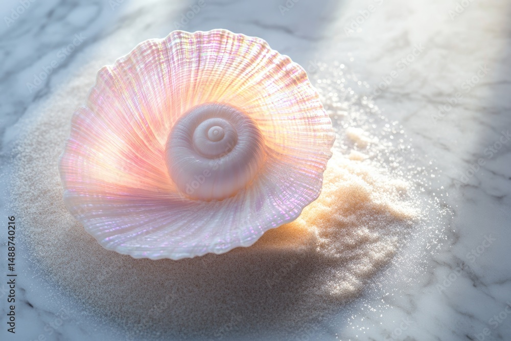 Poster iridescent seashell resting on a bed of fine sand, illuminated by soft, ethereal light, creating a d