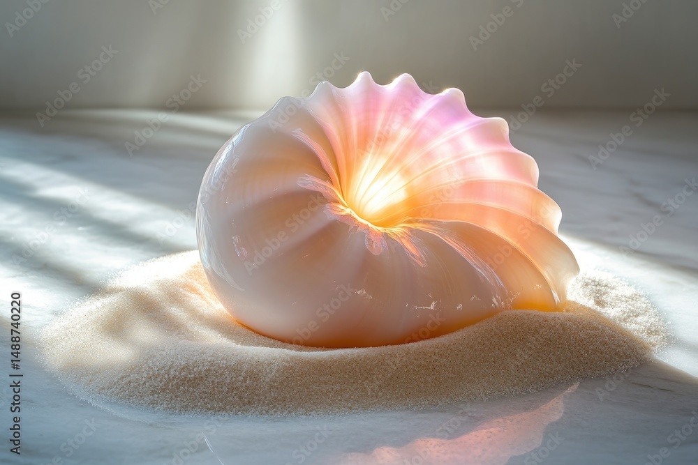Poster translucent nautilus shell glows in sunlight, nestled in sugar, creating an ethereal and delicate co