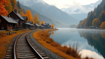 Beautiful Autumn Landscape Featuring a Tranquil Lake Beside a Rustic Train Track and Charming Houses Nestled in the Mountains During Early Morning Mist