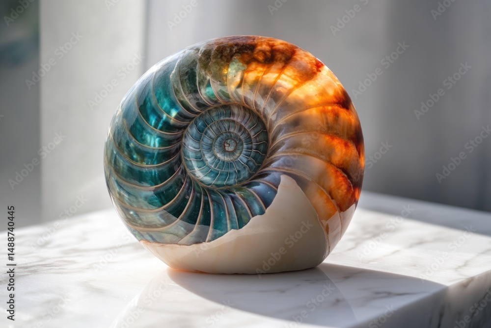 Poster macro shot of a nautilus shell showing its inner chambers, vibrant colors, and intricate spiral patt