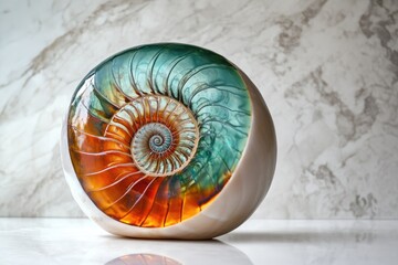 Obraz premium A captivating macro shot of a nautilus shell showcasing its intricate spiral structure and vibrant, iridescent colors, resting on a marble surface.