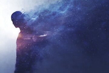 Fototapeta premium Silhouette figure enveloped in cosmic nebulae.