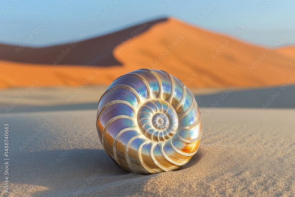 Poster a shimmering nautilus shell rests on the dunes with a desert landscape fading into the horizon.