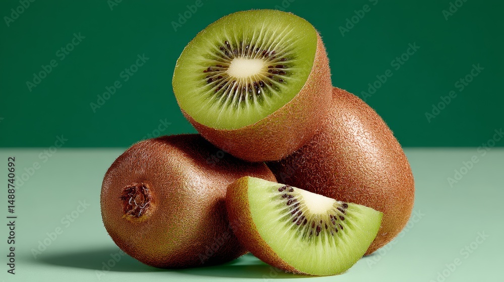 Aufkleber close up of a green kiwi fruit with a slice missing. the fruit is piled on top of itself, with the s