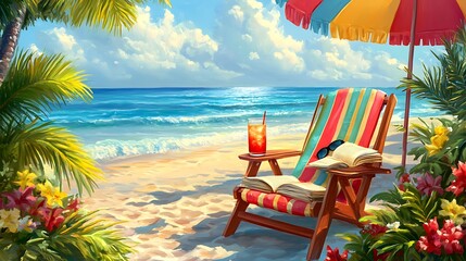 Tropical beach scene with colorful chair and drink