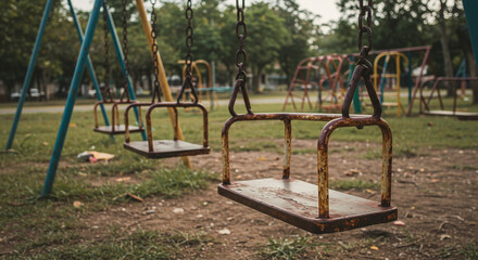 A rusty swingset on a playground with metal chains and seats surrounded by grass and trees in a park