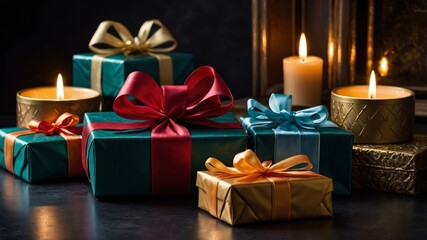 Decorative Gift Boxes With Colorful Ribbons and Flickering Candles Create a Warm Atmosphere for a Celebration in a Cozy Indoor Setting