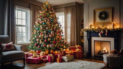 Beautifully Decorated Christmas Tree in Cozy Living Room With Gifts and Festive Decorations Showcasing Holiday Spirit and Warmth