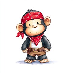 Pirate monkey wearing red bandana on white background, funny animal, cartoon style