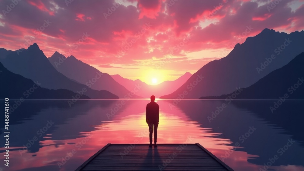 Poster sunset over mountains with a lone figure standing on a dock reflecting on the tranquil lake in a ser