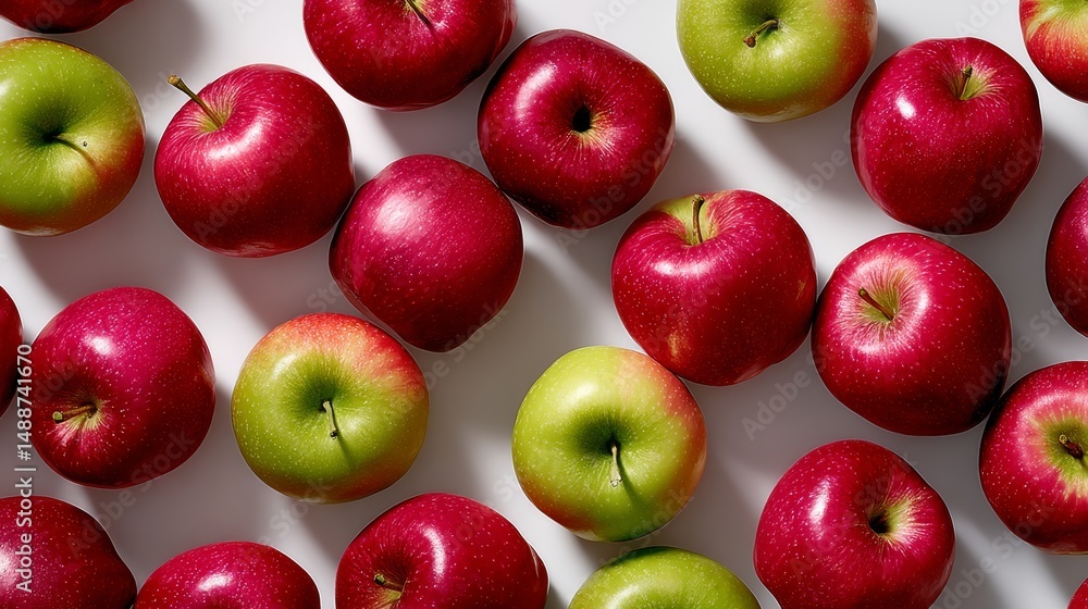Poster bunch of apples with one green apple in the middle. the apples are arranged in a row
