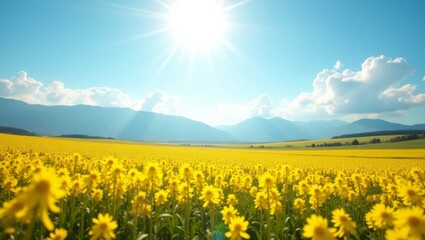 Obraz premium Vibrant Yellow Flower Field Under a Bright Blue Sky and Sunlit Mountains in the Background During a Sunny Day in Spring