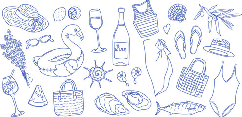 Vector illustrations of summer elements in hand-drawn linear style Outline icons collection beachwear, seafood, drinks, accessories and shells. Design set for vacation themes design, print, decoration