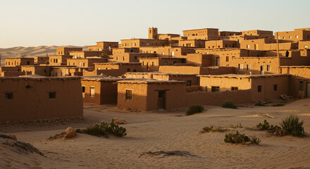 Overview of a desert village with mud brick buildings under a clear sky at sunset in a dry landscape