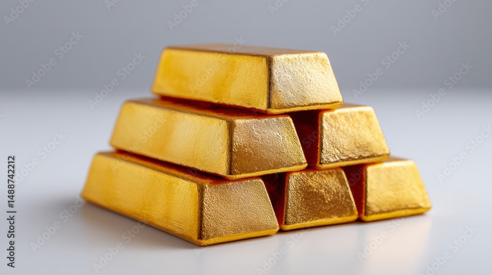 Poster stack of gold bars with a pyramid shape. the bars are shiny and golden in color. concept of wealth a