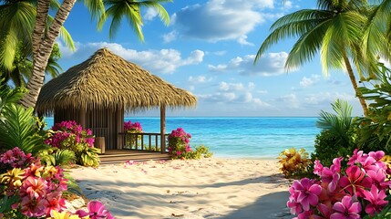 Tropical beach scene with thatched hut