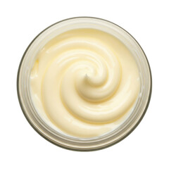 Creamy lotion swirl in jar close up on transparent background
