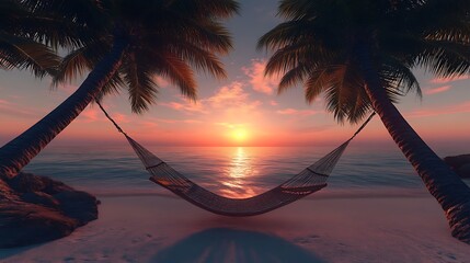 Tropical beach sunset hammock scene
