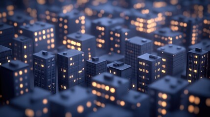 Obraz premium Nighttime cityscape model, digitally rendered, featuring illuminated buildings.