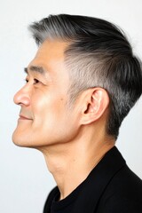 Chic men's pompadour haircut - midlife asian man with short hair. Pure white solid background. Creative of style for aging men. A sophisticated male posing with grace.