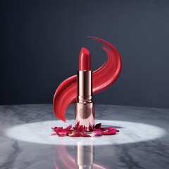 A photograph of a luxurious red lipstick in a rose-gold tube, positioned on a polished Carrara marble surface, is showcased with a dramatic spotlight.