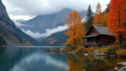 Fototapeta premium Beautiful Autumn Landscape With a Cozy Cabin by a Serene Lake Surrounded by Vibrant Orange Trees in the Mountains at Dusk
