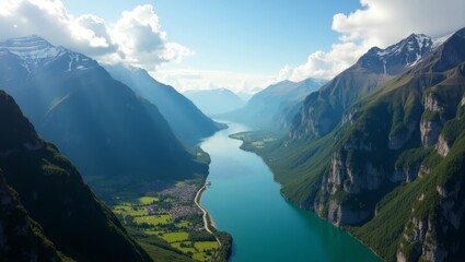 Scenic View of a Winding River Between Towering Mountains During the Day in a Breathtaking Valley With Greenery and Rocky Cliffs