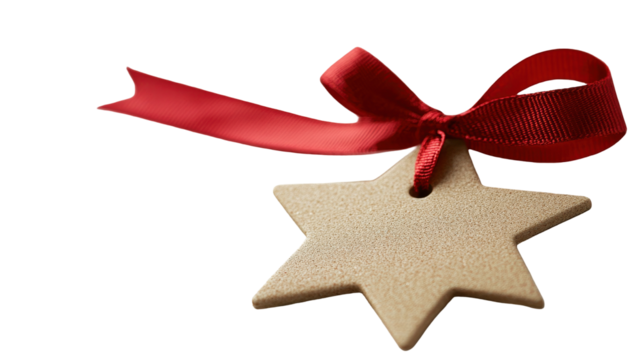 Star-shaped wooden ornament with red ribbon for festive decoration, perfect for holiday celebrations and seasonal crafts
