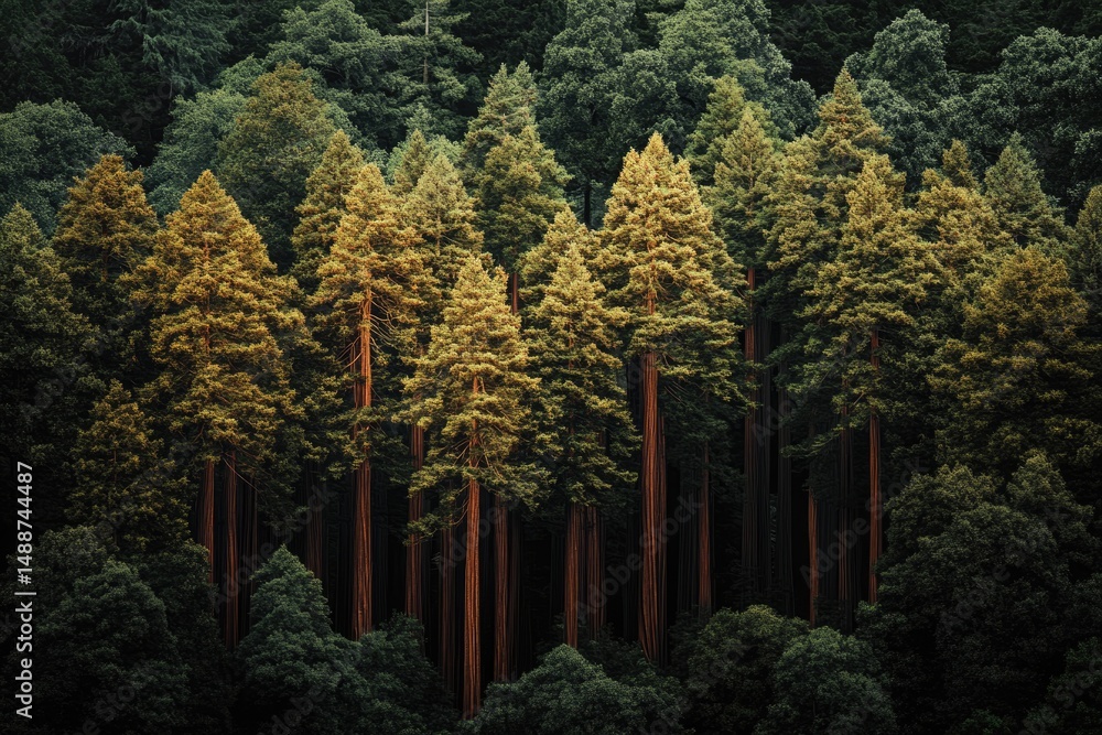 Poster a tranquil forest scene featuring towering redwood trees with dappled sunlight filtering through the