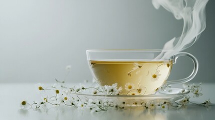 A clear glass teacup with a steaming cup of chamomile tea rests on a saucer with chamomile flowers scattered around it on a white surface with a light gray background