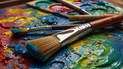 Fototapeta premium Vibrant Paint Palette With Brushes Sits on a Colorful Surface Reflecting Creativity in an Artist's Workspace