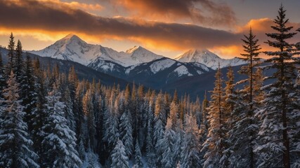 Fototapeta premium Snow-covered Mountains and Evergreen Trees Against a Dramatic Sunset Sky in a Winter Landscape