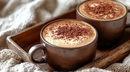 Two warm cups of coffee on a wooden tray, topped with cocoa powder