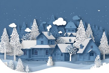 Fototapeta premium A Charming Papercraft Winter Village Scene in Serene Blue Hues