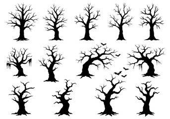 A collection of spooky trees and bats silhouettes on a white background for halloween theme design use