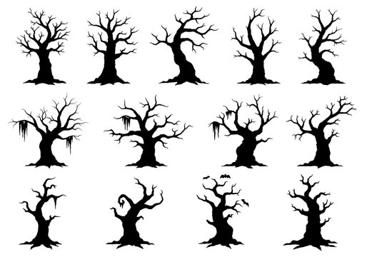 A collection of twelve black silhouette spooky trees on a white background for halloween designs vector art
