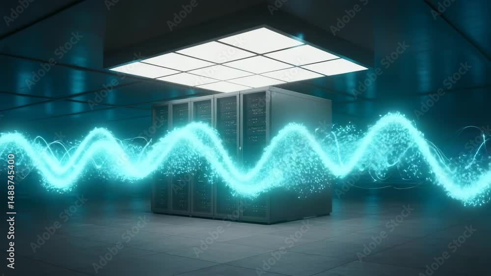 Poster data center with server racks and glowing blue energy waves, illustrating digital data flow and proc